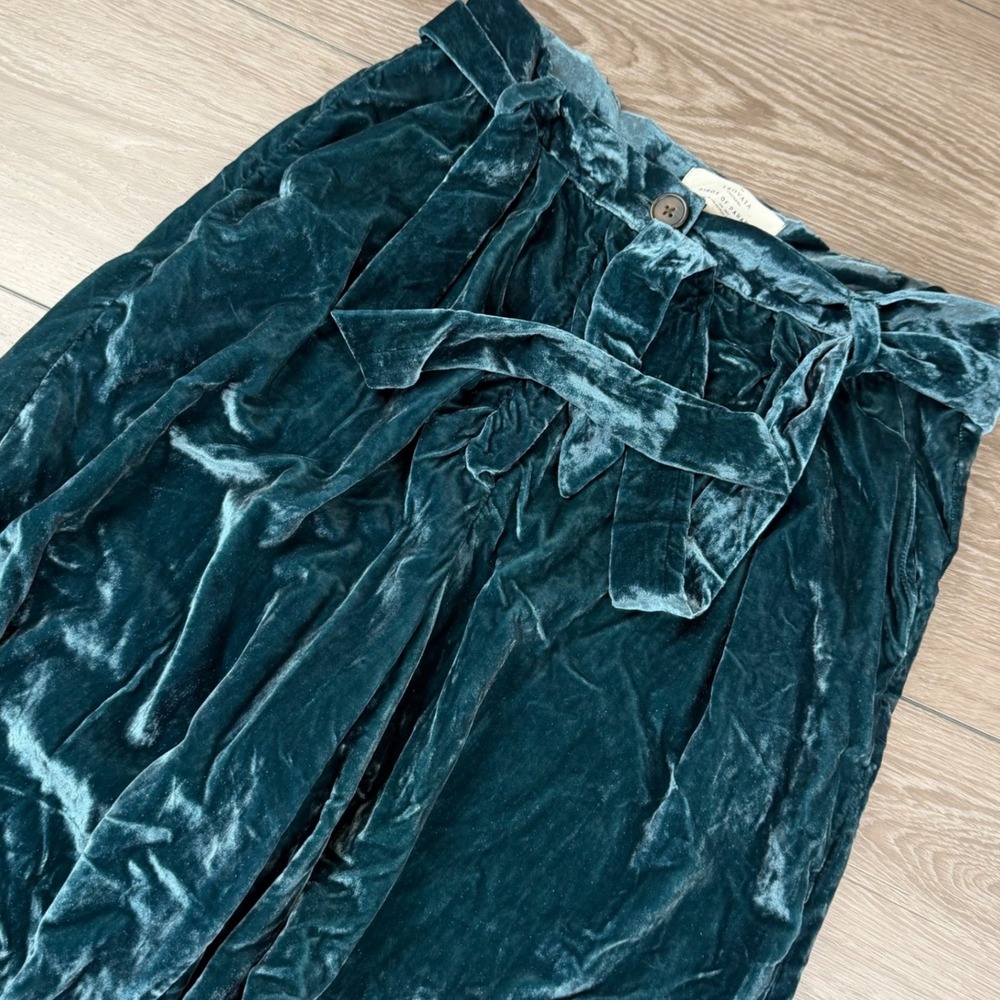 Birds of Paradis Trovata Womens Velvet Wide Leg Pants Tie Waist Teal Green 10